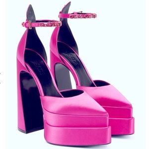 Versace women’s Medusa platform pink satin worn crystals